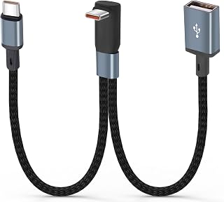 Right-Angle USB-C Splitter Cable 1-in-2-Out,Short USB-C Male to Type-C + USB-A Y-Splitter Cable,2-in-1 USB C Charging Extension Adapter Cable for Power Bank,Phone,USB Drive–24cm