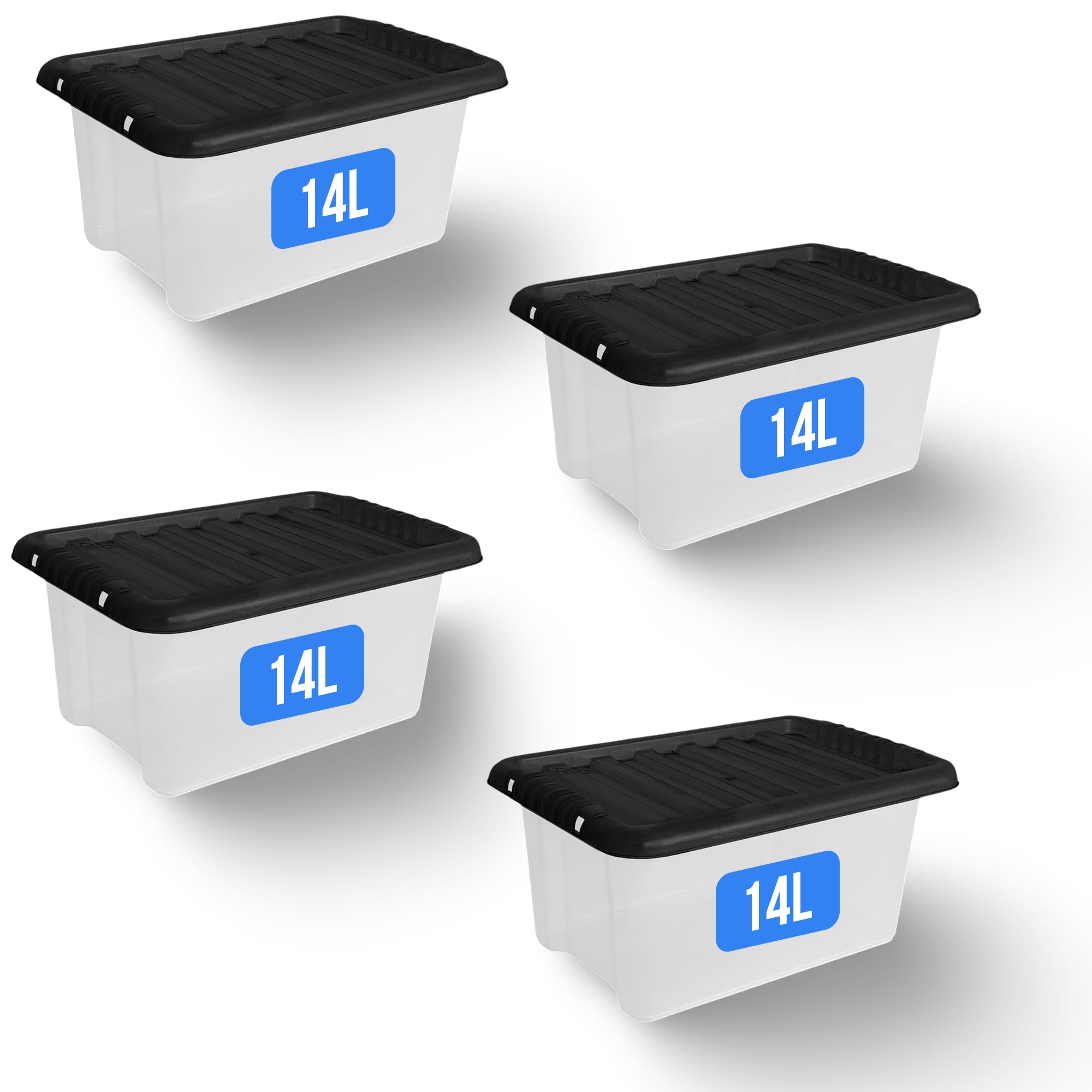 KAPCO 14L Plastic Storage Box with Black Lid (Pack of 4) | Small, Stackable, Strong, Durable Clear Box Containers for Home & Office | Multipurpose Storage Tubs | 39 x 26 x 18cm | 14 Litre - 4 Pack