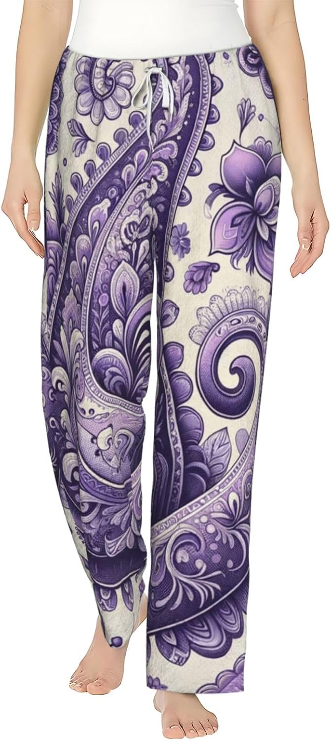 Women'S Bohemian-Paisley-Pattern Fleece Pajama Pants, Cozy Flannel Lounge Bottoms For Women