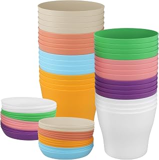 32 Pack 5.5 Inches Plastic Planters with Saucers, Modern Multicolored Flower Plant Pots, Decorative Gardening Pots with Drainage for Plants, Succulents, Seed Nursery, Flower