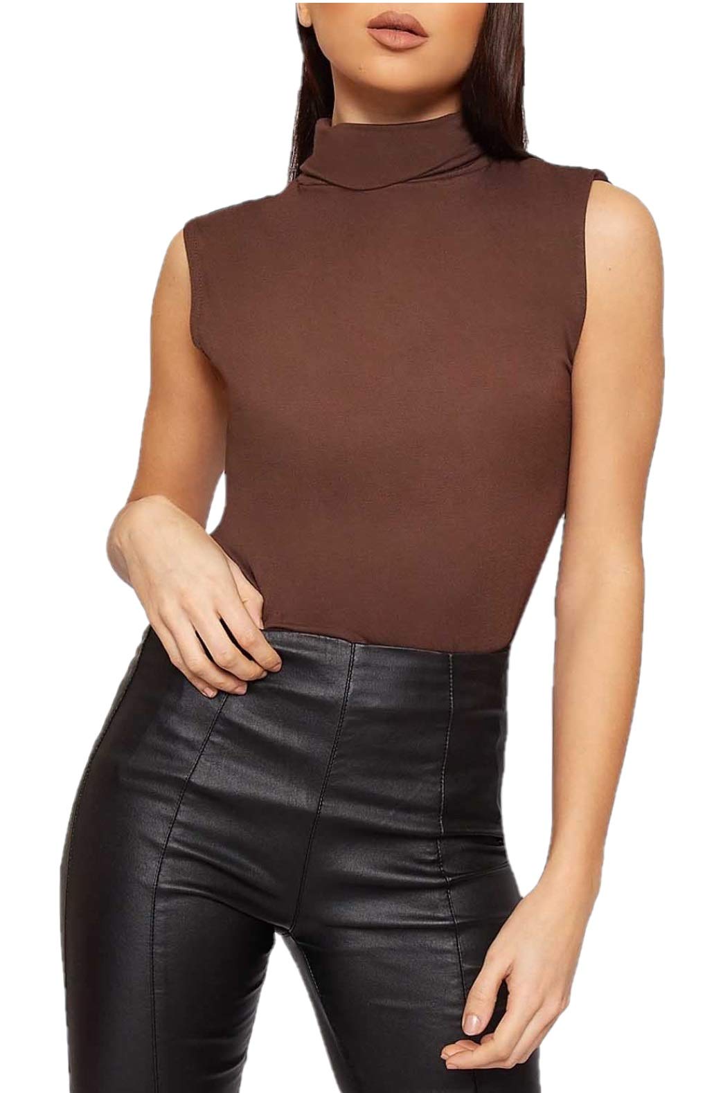 Womens Sleeveless Ladies Stretch Turtle Polo Roll Neckline Vest Plain T-Shirt Jumper Top (Brown, 20-22)