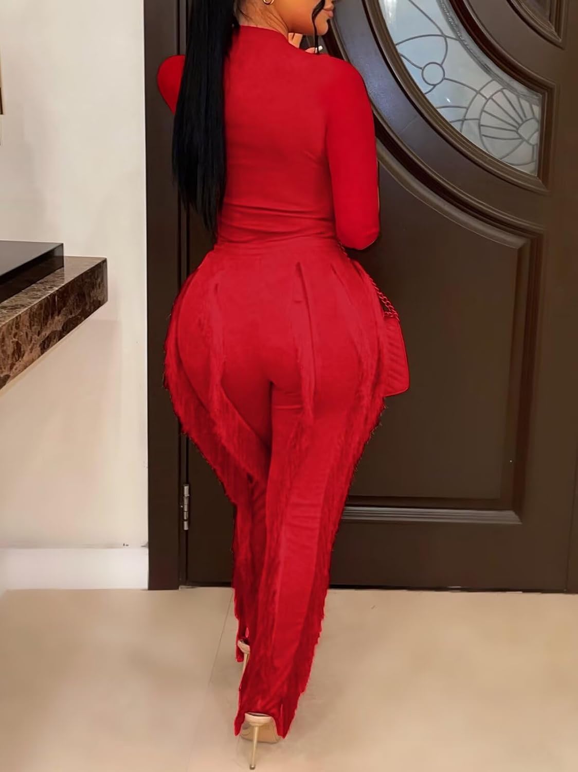 EDITCOZY Women Sexy Two Piece Outfits Fringe Pants Set Long Sleeve Club 2 Piece Going Out Birthday Party Night - Image 4