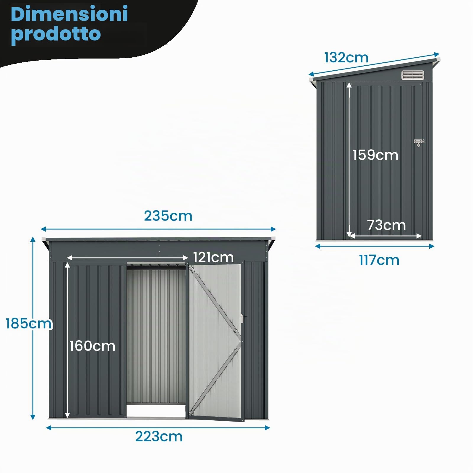 HOMASIS Casetta Attrezzi Giardino in Metallo, Capanno per Attrezzi con 2 Porte e 2 Finestre per Ventilazione, 235 x 117 x 185 cm, Ripostiglio da Esterno con 2 Paia di Guanti (Grigio Scuro)