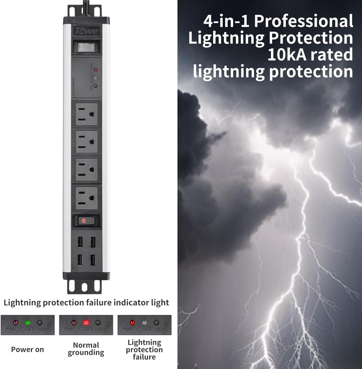 Heavy Duty Power Strip 4 Outlets & 4 USB Surge Protector 2500W Metal Socket with Wall Mount Bracket,6FT Extension Power Cord Industrial Shop Garage Multiple Outlets,UL Certified (Red, 4outlets+4usb)
