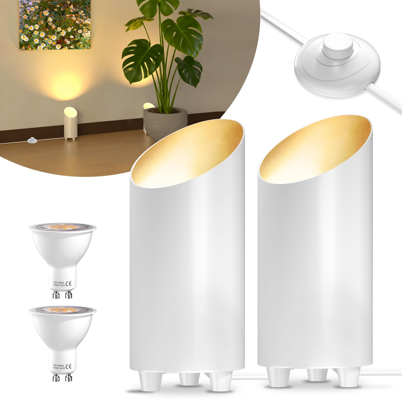 Lamptobe White 2 Pack Uplighting Indoor Floor Can Light,5W 3000K Up Lights With 6.5 Ft Plug Cord&Foot Switch,Plant Uplighters Light Up Lights Uplighting Floor Spotlight For Accent Lighting Plants Or Artwork