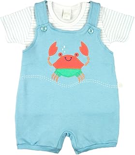Macacão Bebê Curto Menino Salopete Suedine Com Camiseta Listrada Bordado Carangueijo - Azul