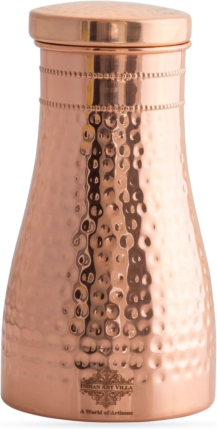Indian Art Villa Pure Copper Bedroom Water Bottle With Inbuilt Glass & Hammered Shine Design, Drinkware, Storage Purpose, Volume-32 Oz