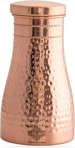 Indian Art Villa Botella de agua de cobre puro para dormitorio con vidrio incorporado y diseño de brillo martillado, vasos para bebidas, propósito