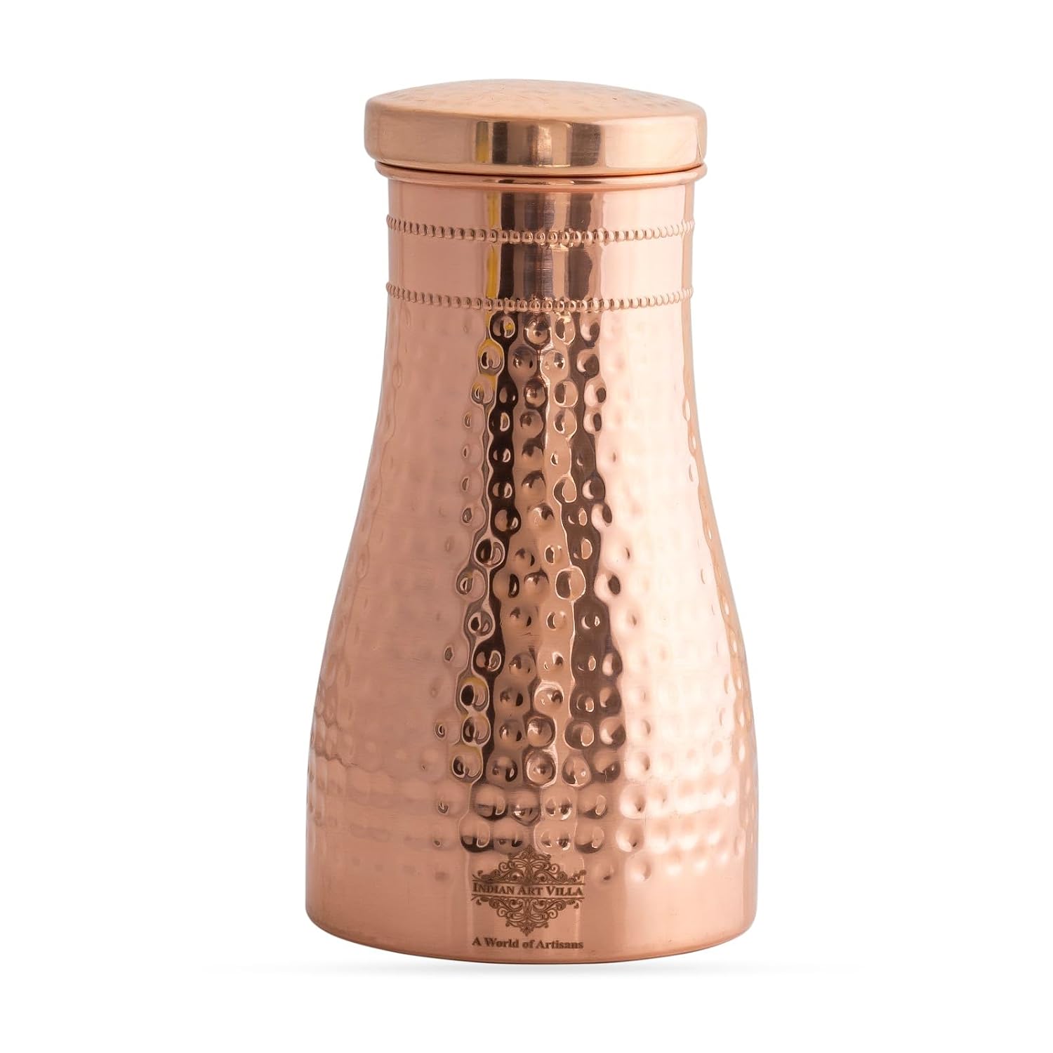 INDIAN ART VILLA Pure Copper Bedroom Water Bottle with Inbuilt Glass, Hammered Shine Design, Drinkware and Storage Purpose, 950 ml (Pack of 1)