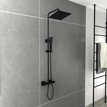 Black Thermostat Shower Mixer Set Square Rainfall Shower System with 200mm Overhead & Handheld Shower Head