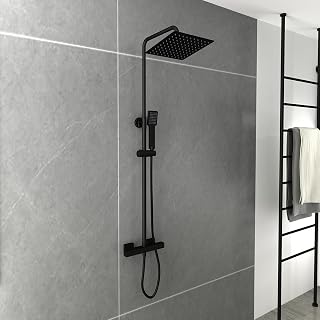 Columna de Ducha Termostática ，Negra Sistema de ducha Termostática，Cuadrado Ducha de lluvia superior de 8In, Conjunto de ducha