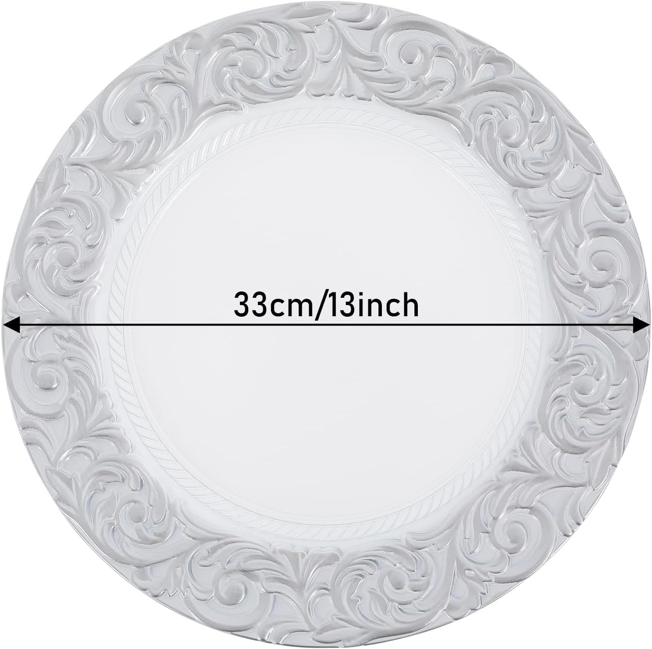 TFCFL 50Pcs Antique Charger Plates Bulk 13Inch Plastic Embossed Dinner Plate Chargers Round Floral Plates Dinner Wedding Party Event Table Setting Decoration (White+Silver)