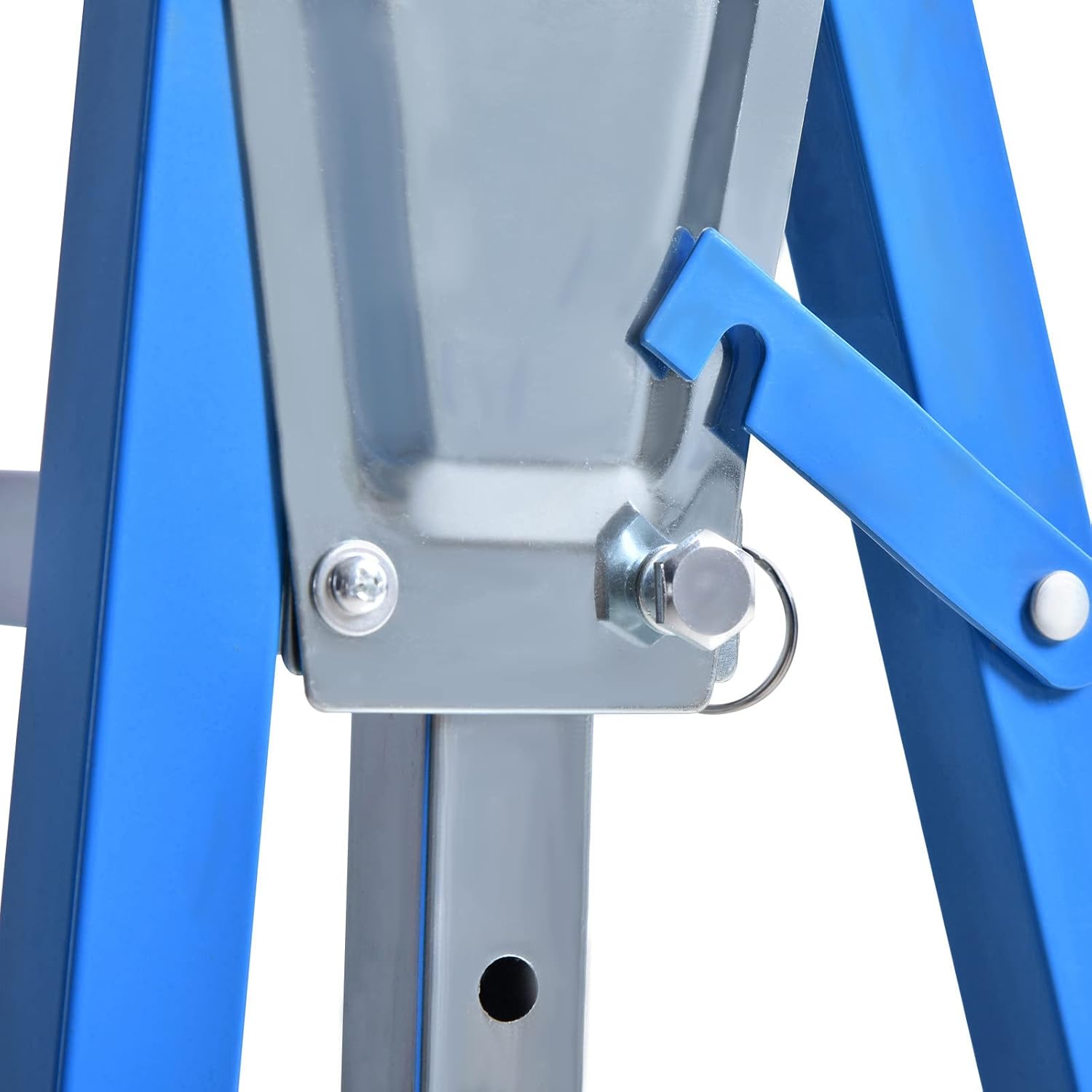 Close-up of the safety locking pin mechanism on the sawhorse leg.