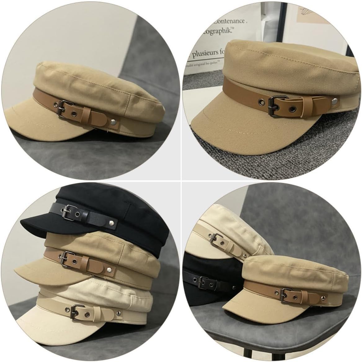 DOITOOL Peaked Cap Leather Buckle Beret Adjustable Size M (56-58cm) Women’s Casual All-Match Hat for Outdoor Streetwear, Khaki Random Color