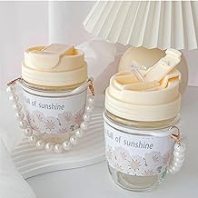 اكواب زجاج مع اغطية وشفاطات للنساء والبنات بتصميم زهرةلقهوة , شفاف