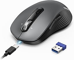 TECKNET Rechargeable Bluetooth Mouse, [ USB + BT5.0 + BT3.0 ] Wireless Mouse, Ergonomic 4-Way Scroll Wheel Computer Mice, 6-Level 4800 DPI Silent Mice, Multi-Device for Computer/Laptop/MacBook - Grey