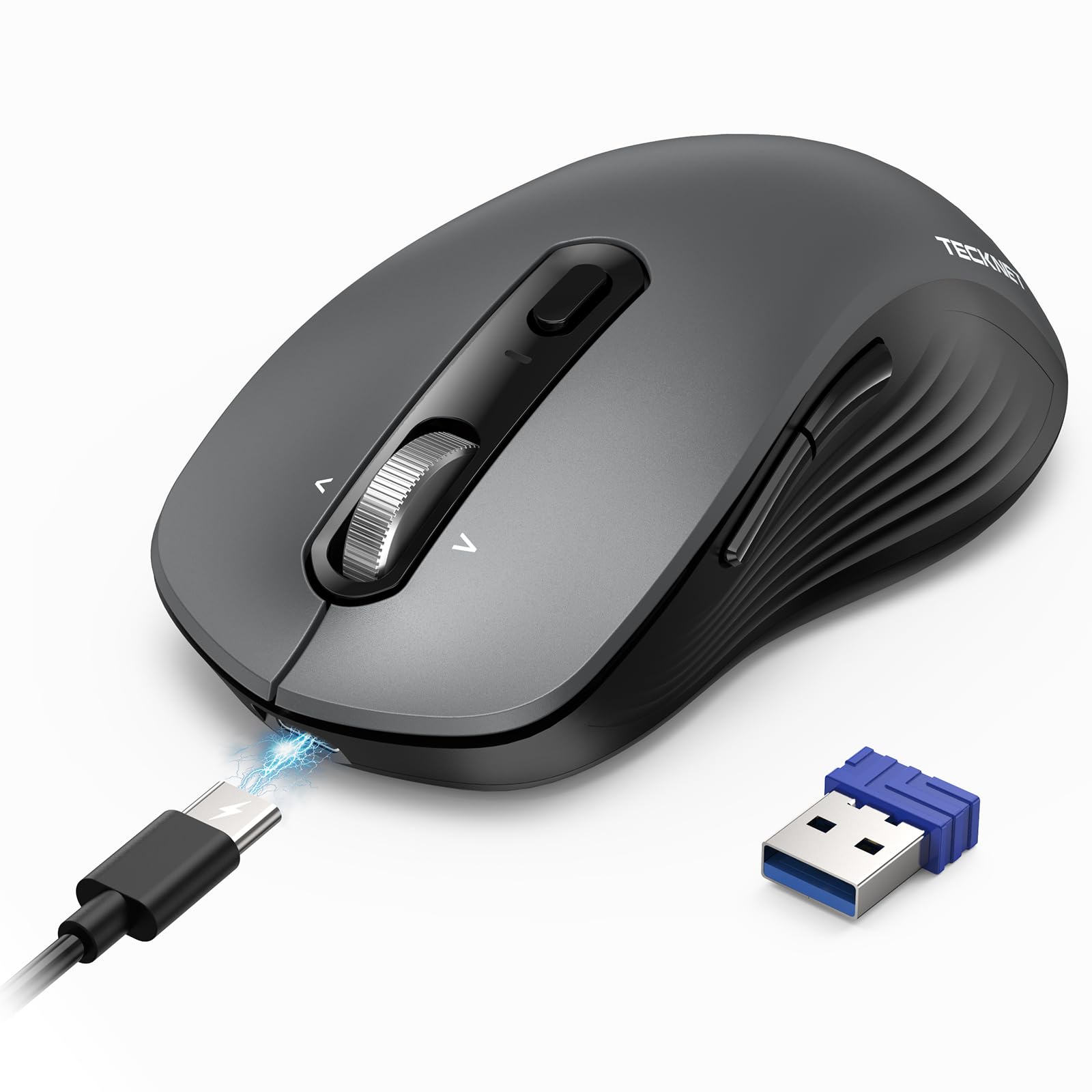 TECKNET Rechargeable Bluetooth Mouse, [ USB + BT5.0 + BT3.0 ] Wireless Mouse, Ergonomic 4-Way Scroll Wheel Computer Mice, 6-Level 4800 DPI Silent Mice, Multi-Device for Computer/Laptop/MacBook - Grey