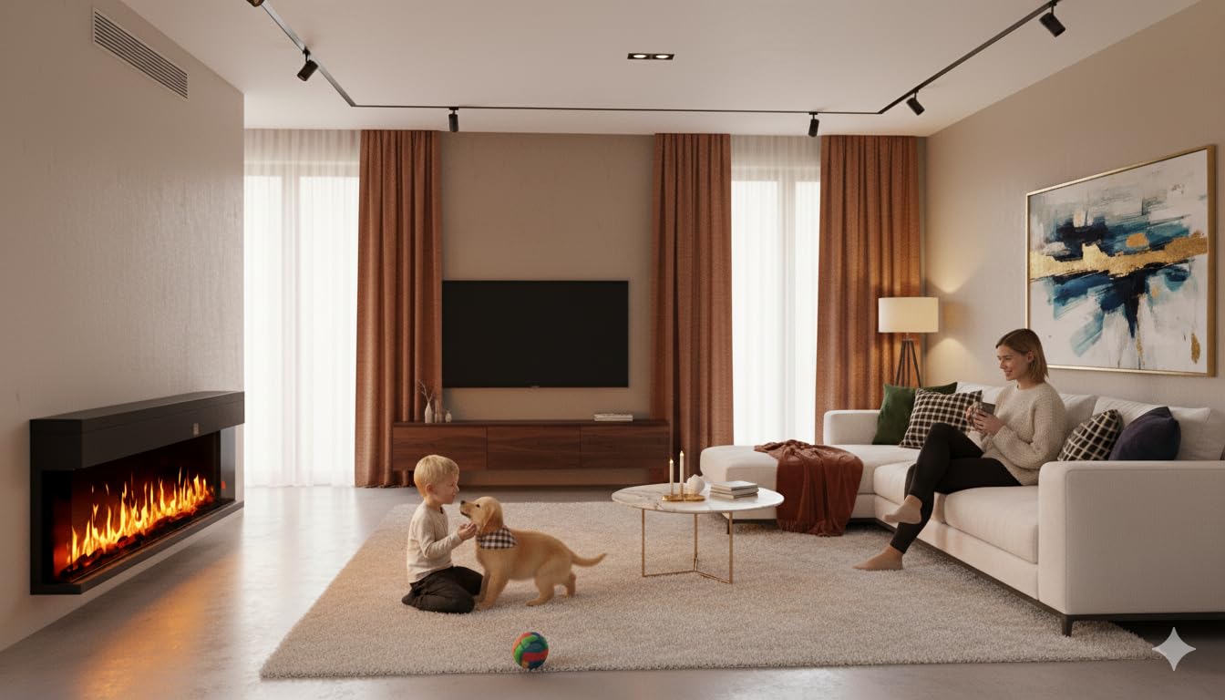 CHEMIN'ARTE Camino elettrico da incasso con effetto fiamme LED 3D 180 cm, 3 lati con 3 modalità di Installazione - Effetto Fiamma LED con 12 Colori