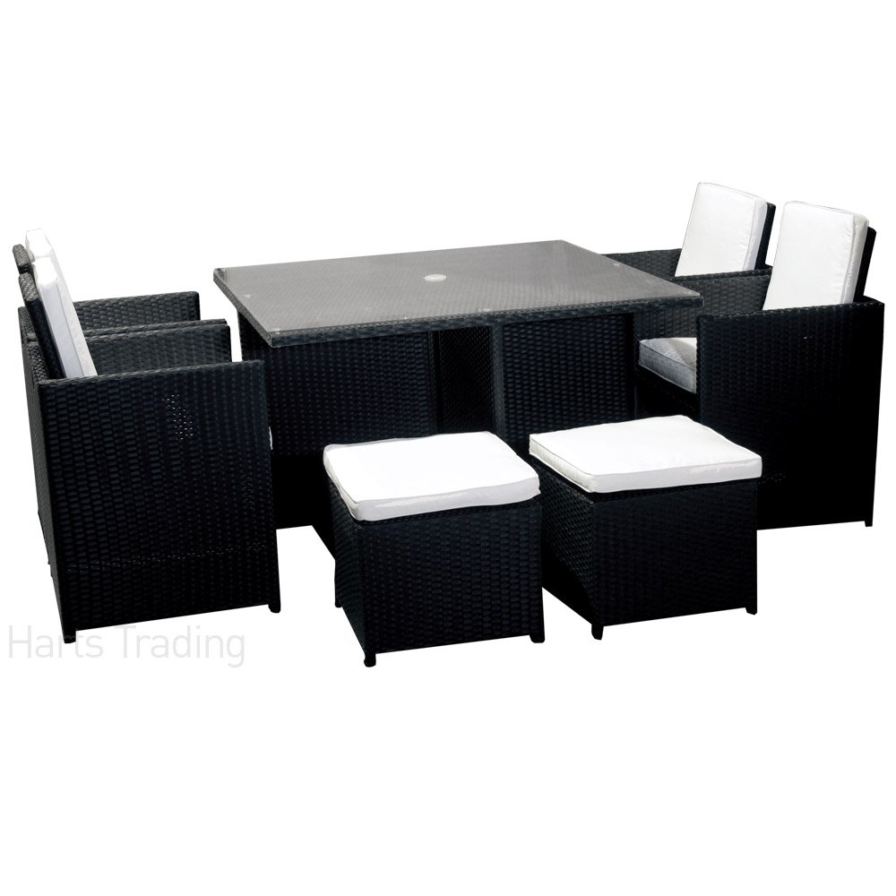 Harts Premium Rattan Dining Set, Cube 8 Seats Garden Patio Conservatory Furniture with parasol hole (Black) inc Rain Cover