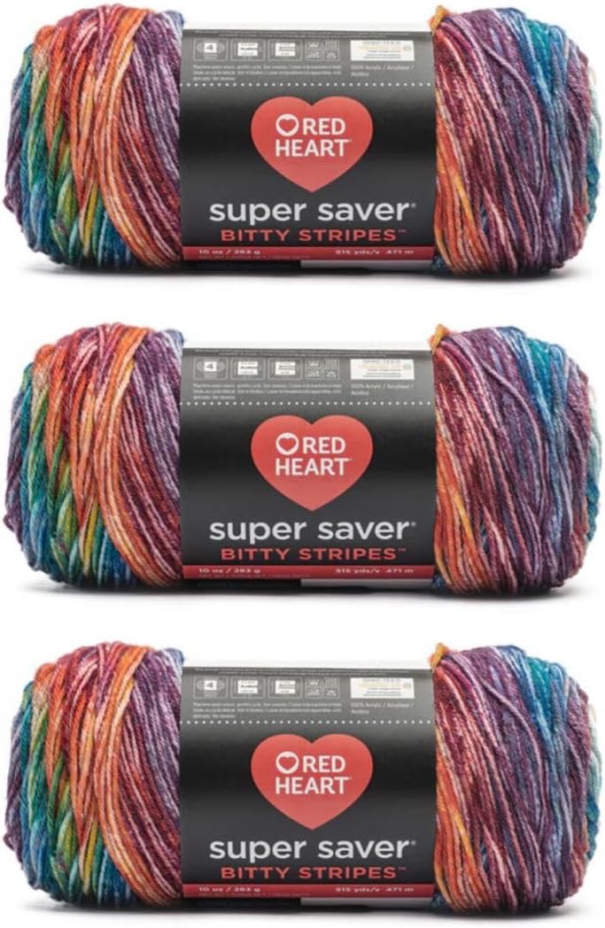 Generic Super Saver Bitty Stripes Yarn - Crayon Box - 3 Pack of 283g/10oz - 100% Acrylic - #4 Worsted (Medium) - 440m/482Yards - for Knitting, Crochet and Amigurumi