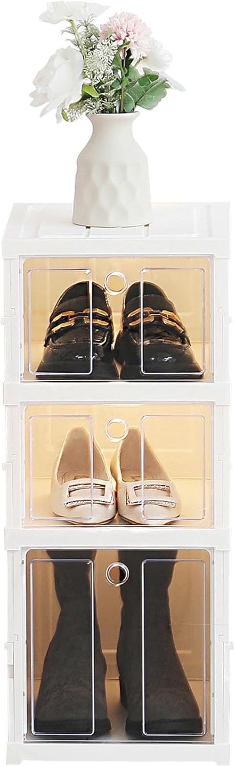 LOHASV9 シューズオーガナイザー 3段 折りたたみ式プラスチックシューズボックス 蓋付き 透明 積み重ね可能 オーガナイザー 