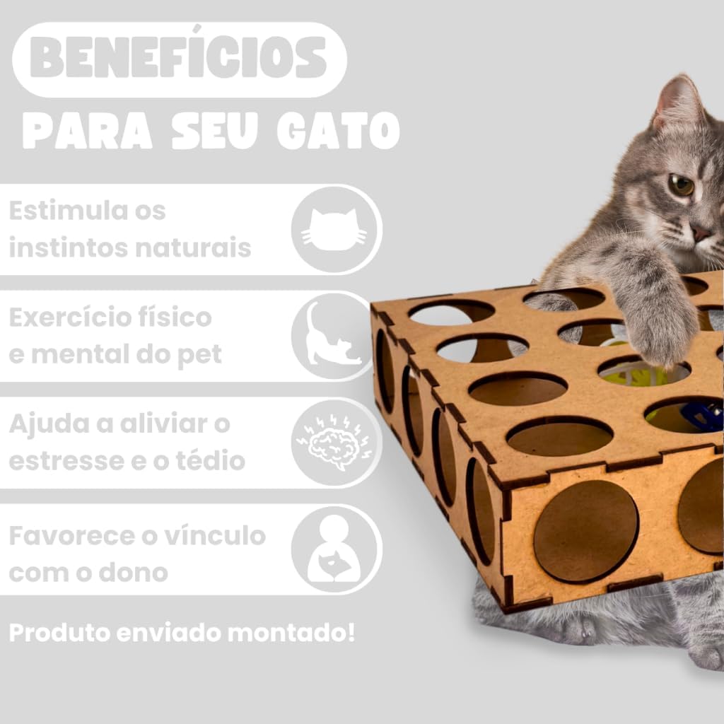 Brinquedo Labirinto Com Bolinhas e Guizo Para Gatos Em Mdf