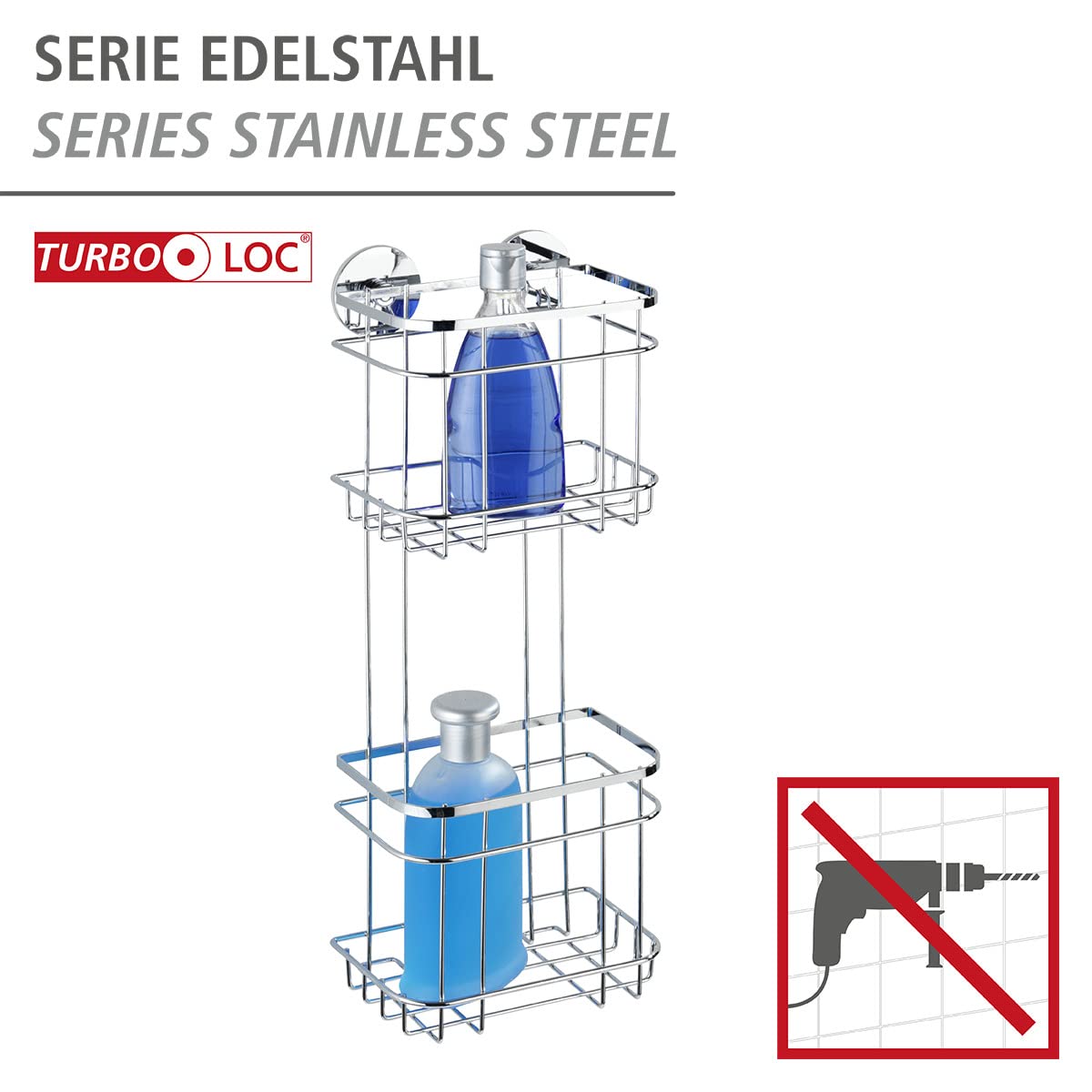 WENKO Turbo-Loc® Edelstahl Wandregal 2 Etagen - Befestigen ohne Bohren, Edelstahl rostfrei, 18 x 47.5 x 12.5 cm, Glänzend