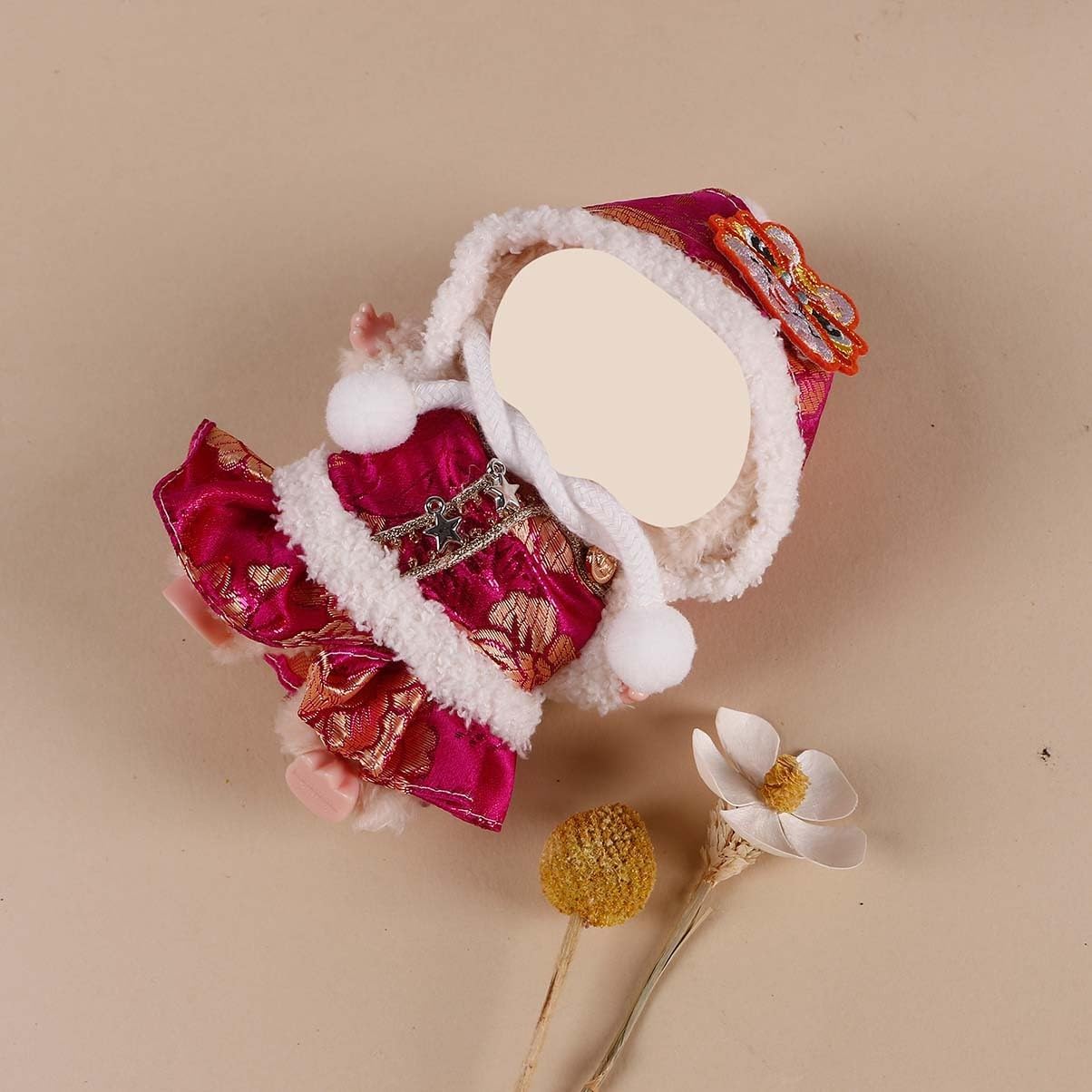 Compatible with Labubu (NO Doll) - Fuchsia Chinese New Year Brocade Set (Tiger-Embroidered Hat + Jacket + Skirt), 15cm/17cm Doll Clothing (Red)