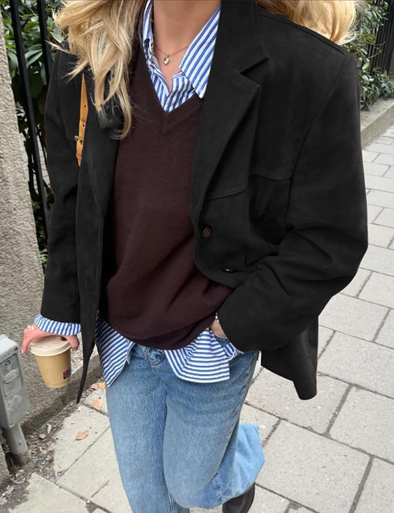 IDEALSANXUN Womens Suede Jacket Fall Winter Fashion Casual Oversized Faux Leather Blazer Jacket Trench Coat - Image 3