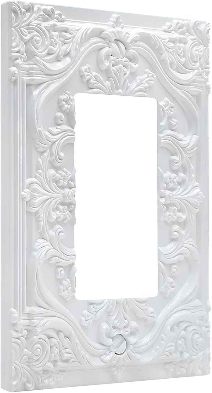Decorative Outlet Covers Ivory White 3D Floral Embossed 1 Gang Rocker Light Switch Cover Plate Single Decora Light Switch Covers Wall Plate Faceplate for Bedroom Home Decor