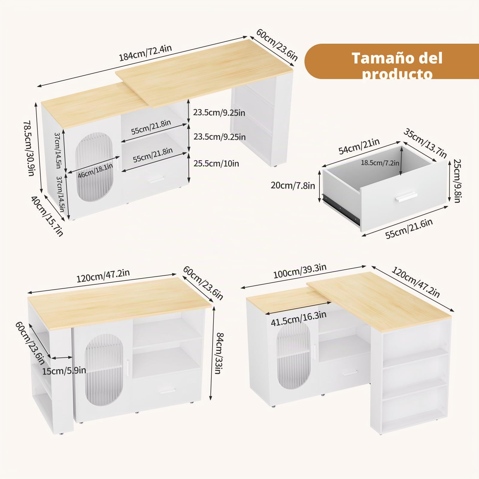 Isla de cocina giratoria 360° con espacio de almacenamiento, carrito de cocina móvil, mesa de bar extensible, encimera de acero inoxidable, barra de desayuno con armarios y cajones para cocina comedor
