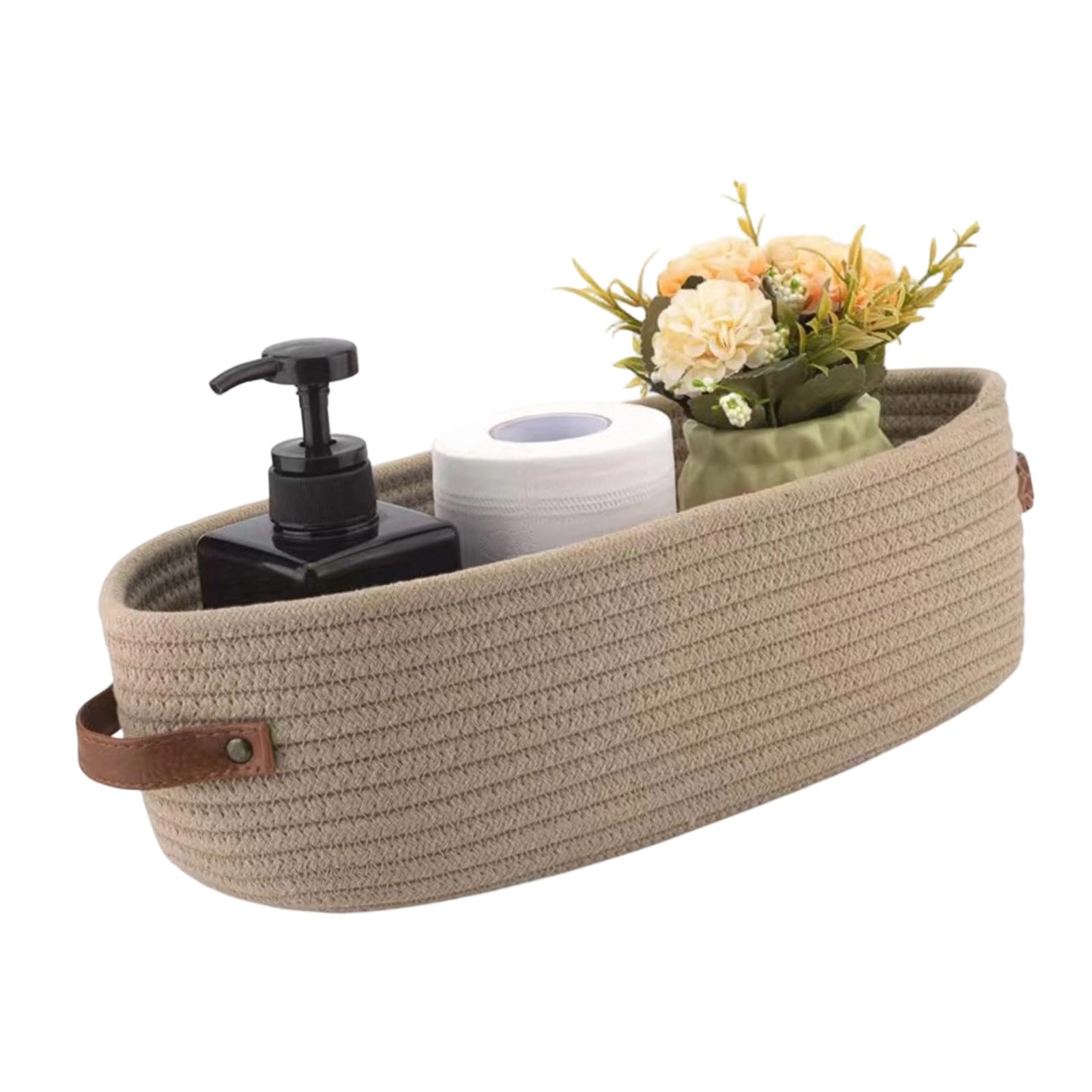 Shntig A Oval Cotton Rope Basket With Leather Handles Ideal For Nursery Or Bathroom Home Decoration Storage Solution