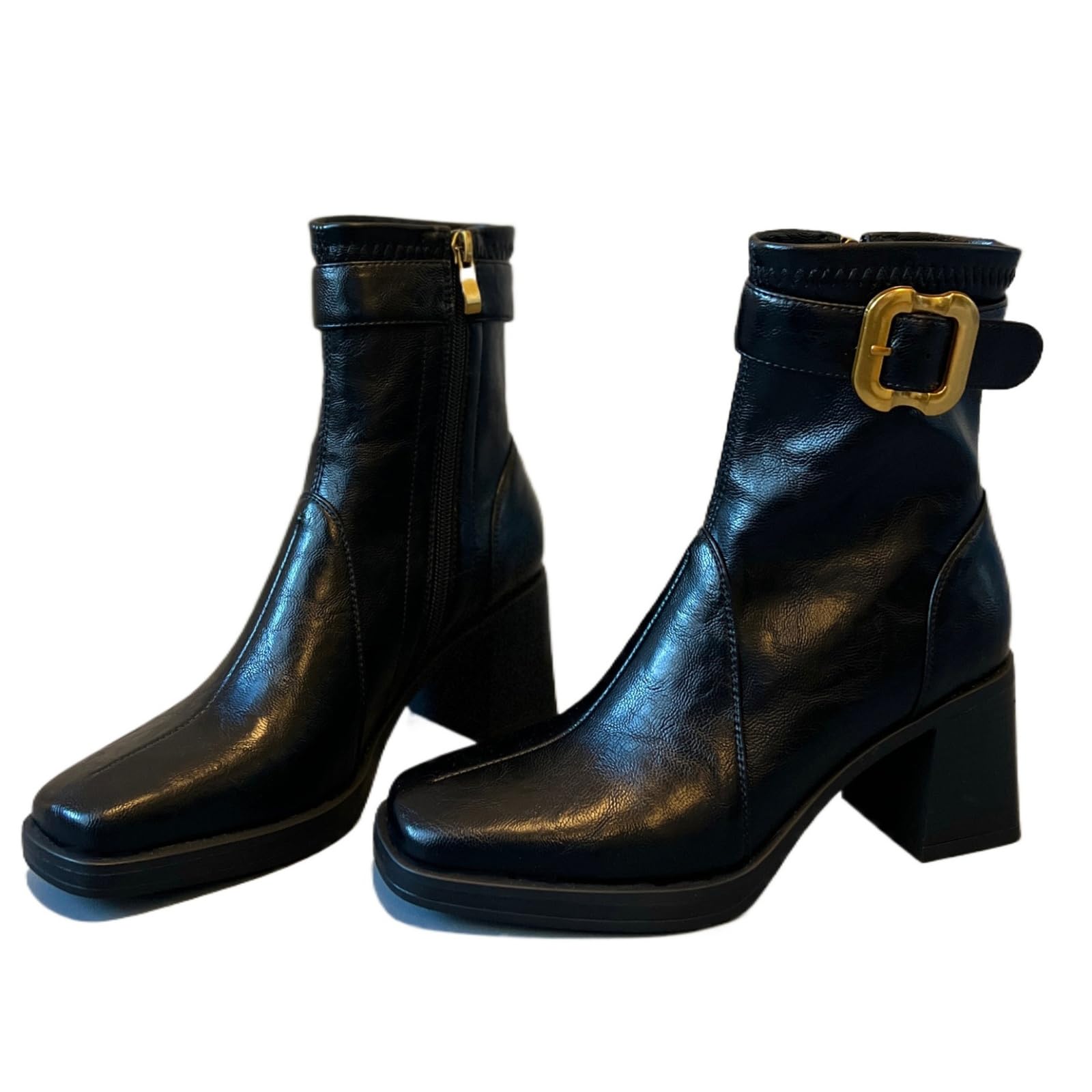 Womens Square Toe Elastic Mid Heel Mid-Calf Boots Loose Fitting Thick-Soled Short Boots With Zipper Block Shaped High