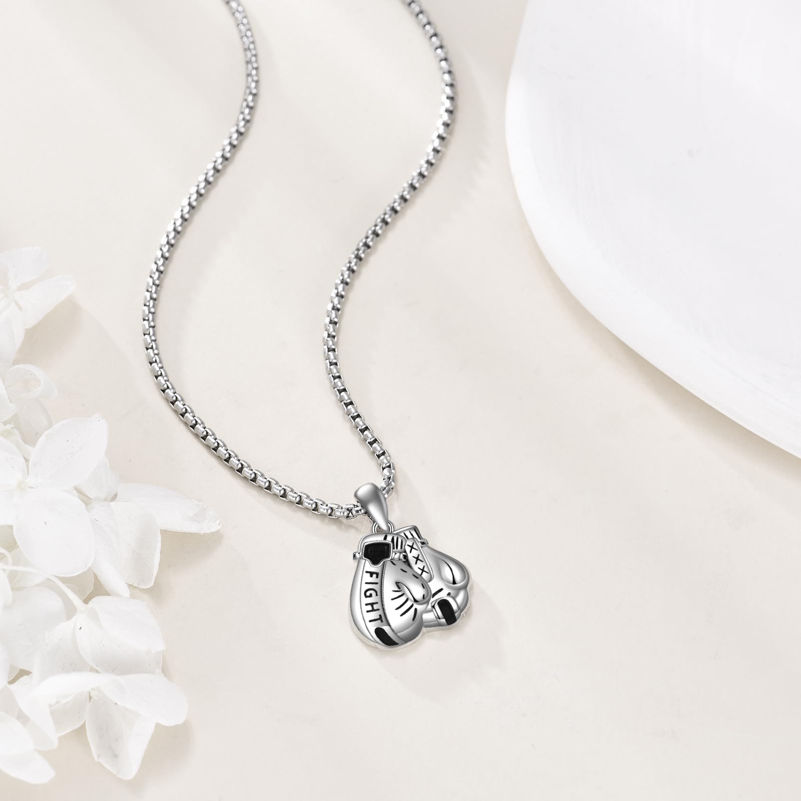 Collana in argento sterling "Never Give Up" con ciondolo guantoni da boxe, regalo per uomini