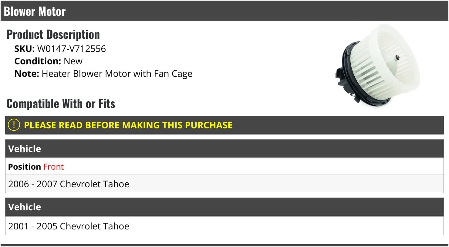 Heater Blower Motor with Fan Cage - Compatible with 2001-2007 Chevy Tahoe