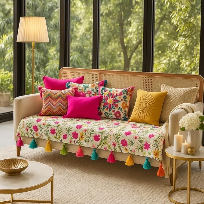 Image of WWW.THROWPILLOW.IN Neutral Tropical Floral Sofa Cover Tassels: Designer Premium Sofa Cover: Durable Sofa Throw, Wrinkle Free: Seat & Front Back Protection -Set of 3 Covers- Fits: 2+2+1 Seater