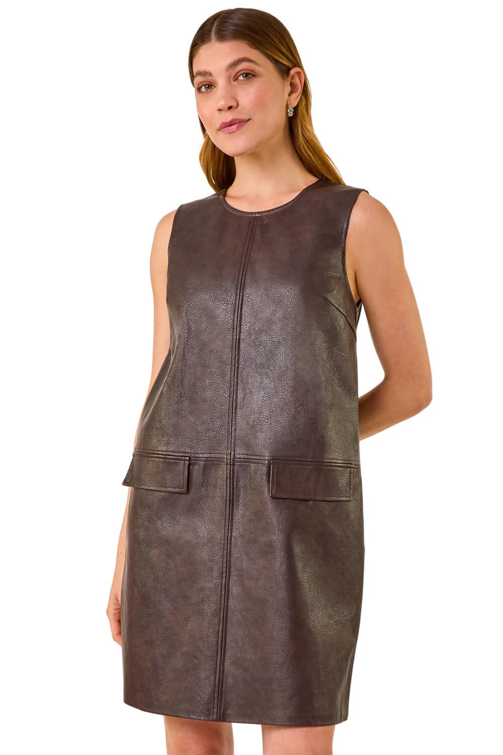 Roman Originals Women's Chocolate Faux Leather Pocket Detail Dress For Uk - Everyday Autumn Winter Round Neckline Comfy Soft Evening Vacation Work Party Night Out - Size 18