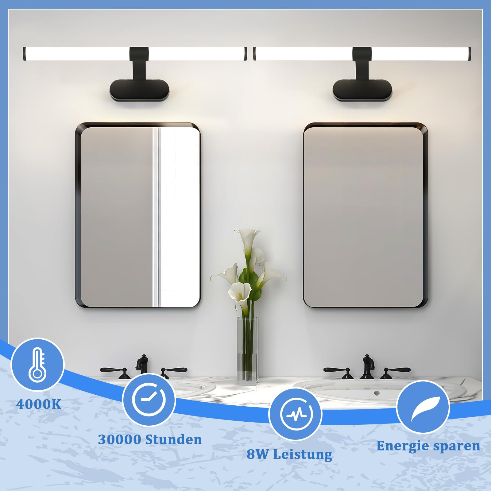 Homefire Lámpara de espejo LED para baño, negra 60 cm lámpara de pared baño 8W moderna impermeable IP44 4000K para sótano, cocina, armario cromado