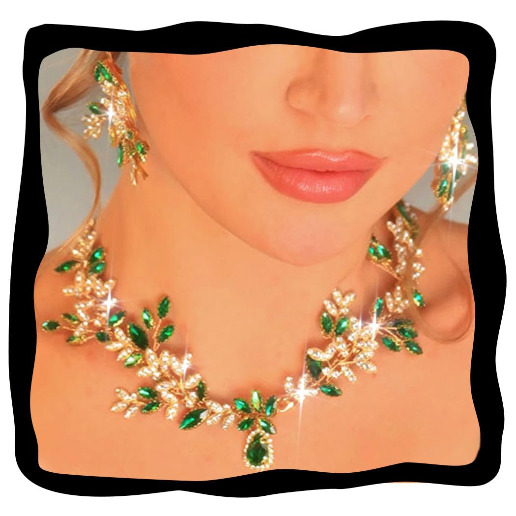 Aukmla Green Crystal Bridal Jewelry Set Gold Rhinestones Wedding Necklaces Earrings Sets Prom Costume Jewelry for Women and Brides