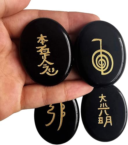 Miniatura 2 de 4 piedras de chakra grabadas de obsidiana negra, cristal curativo Reiki, piedra de palma equilibrada, 1.772 in
