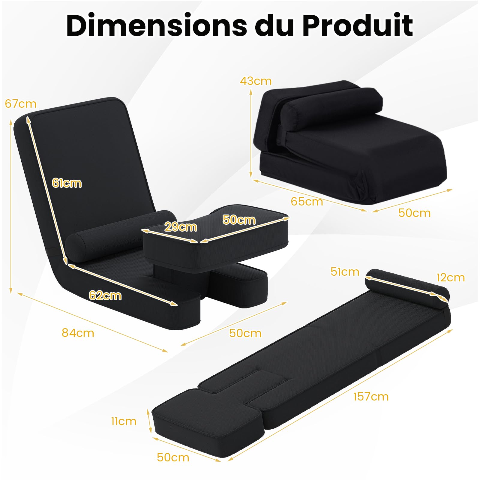 GOPLUS 3 en 1 Chaise au Sol Pliable, Fauteuil de Sol 1 Place avec Dossier Réglable 5 Positions, Repose-Pieds Table d'Appoint, Coussin Amovible, Canapé Portable Salon et Chambre, Charge 120KG