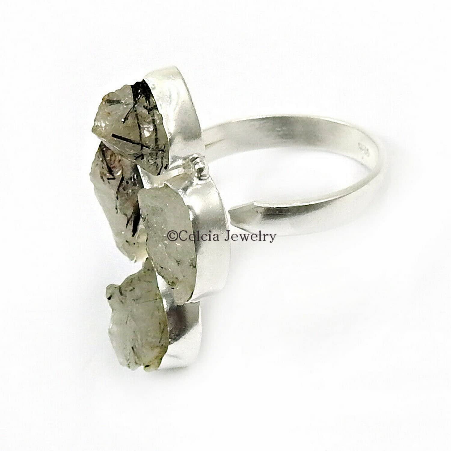 Anello ruvido nero rutilo, vero argento sterling, anello impilabile multi pietra, anello dal design unico, anello per regali di famiglia incredibili, regali per migliori amici