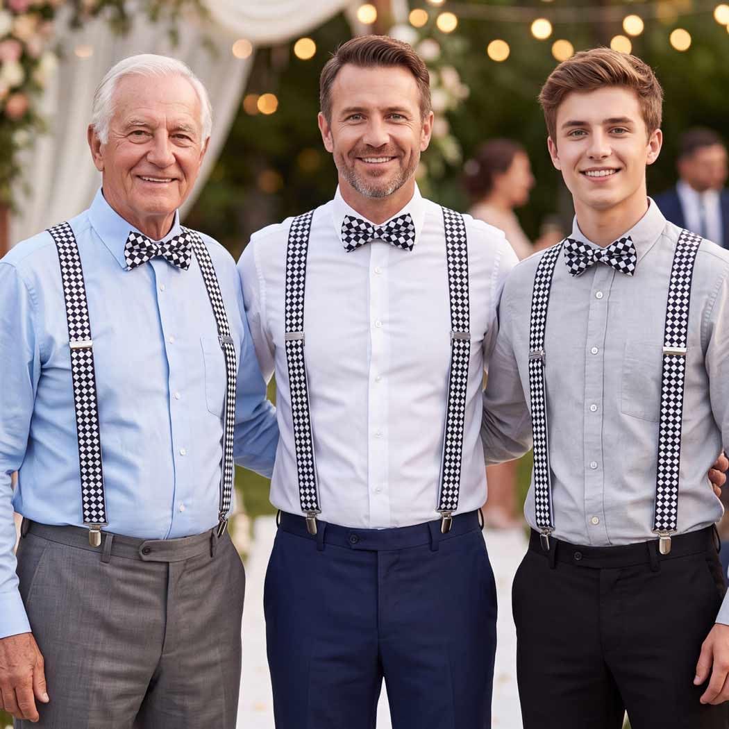 DRESBE Black White Checkered Suspender & Bow Tie Set, Elastic Y-Back Braces for Wedding Party Costume