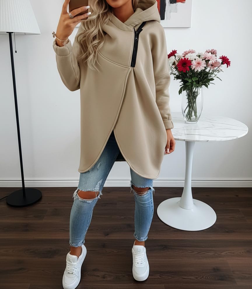 Women's Asymmetric Half-Zip Hooded Sweatshirt Long Sleeve Fall Winter Oversized Tunic Top with Pockets - Image 2