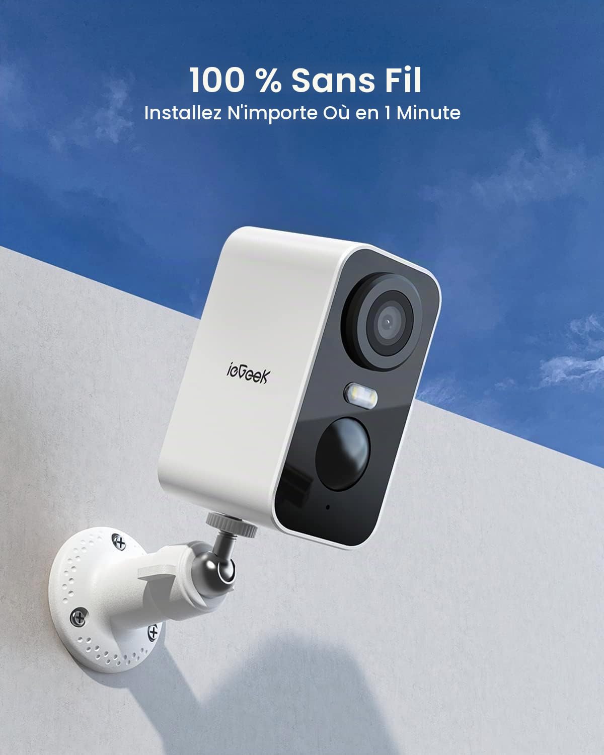 ieGeek Caméra Wi-Fi 2K extérieur/intérieur sans fil, batterie, phare et alarme intégrés, vision nocturne à couleurs, détection de mouvement PIR, 2 voies audio, stockage SD/Cloud, WiFi 2,4 GHz, IP65