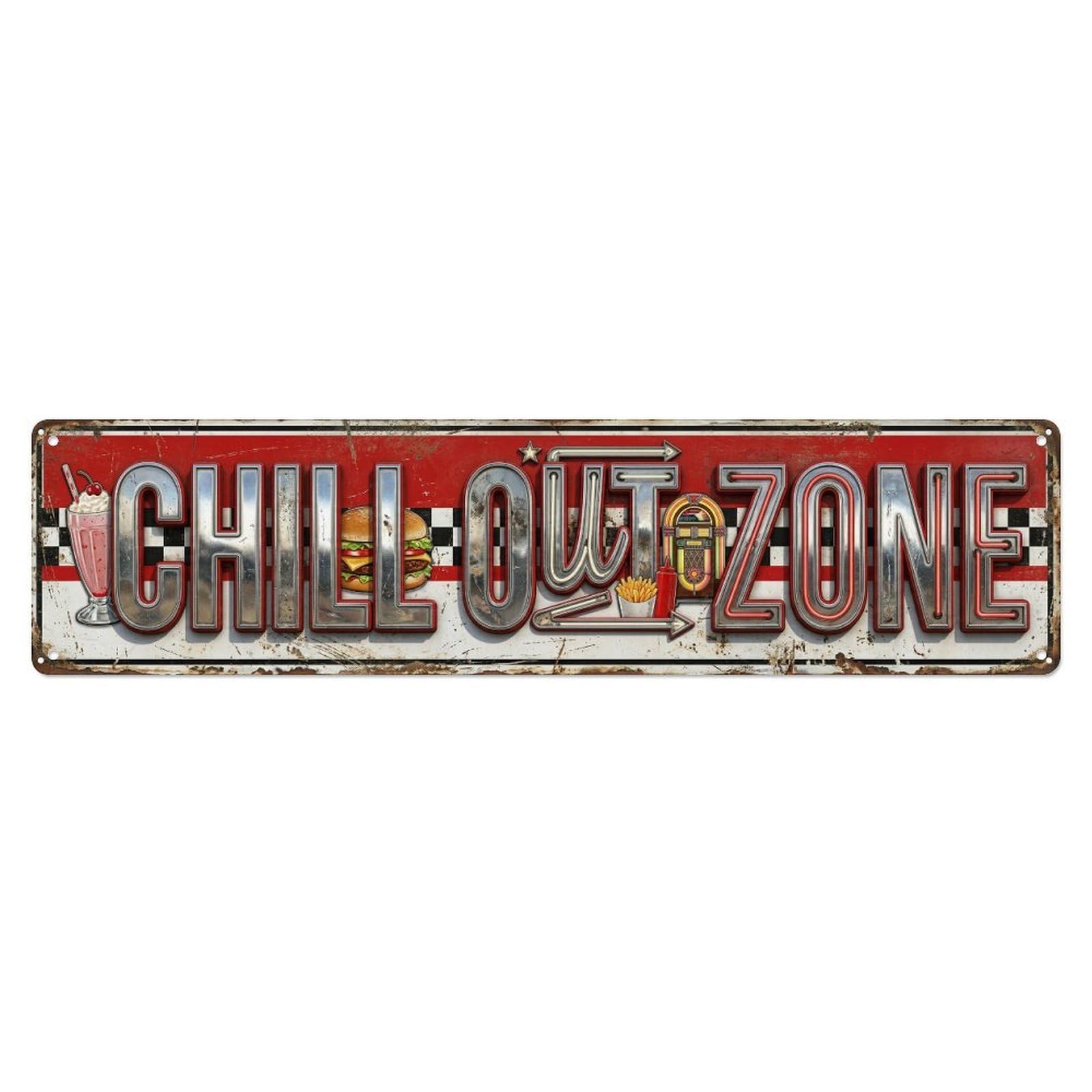 Chill Out Zone Aged Diner 4 Metal Tin Skinny Sign Plaque Wall Decor for Cafe, Club Bar, Office, Home Garden Metal Poster 4x16Inch