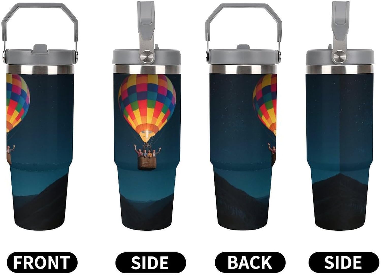 30 Oz Insulated Mug with Handle Lid And Straw Starry Sky Hot Air Balloon Pattern Large Metal Sports Bottle Great for Gifts Parties Office Coffee