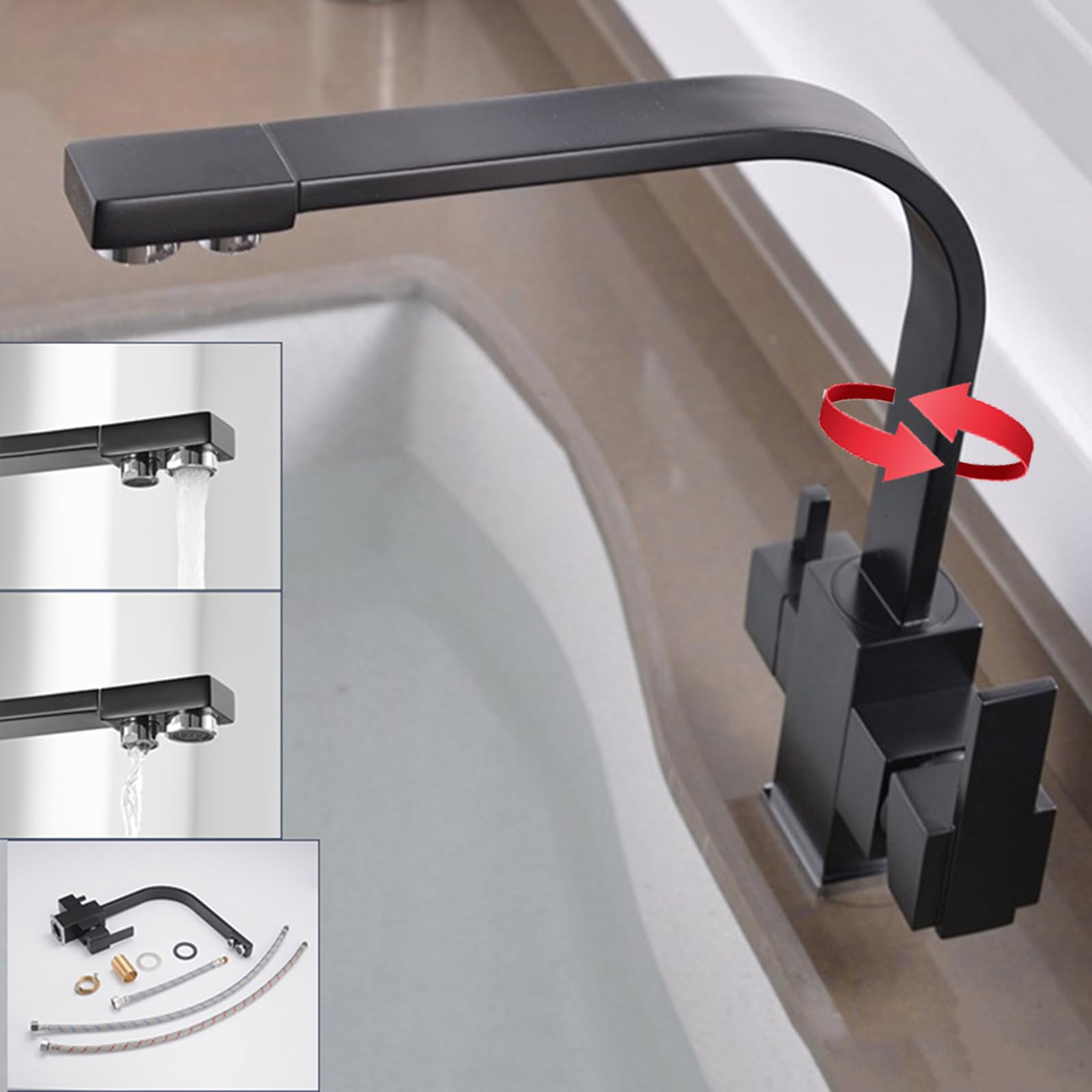 XJTNLB Grifo Cocina 3 Vias Osmosis Retro Negro Grifo Cocina Mango Doble Giratorio a 360° Mezclador de Fregadero para Agua Potable