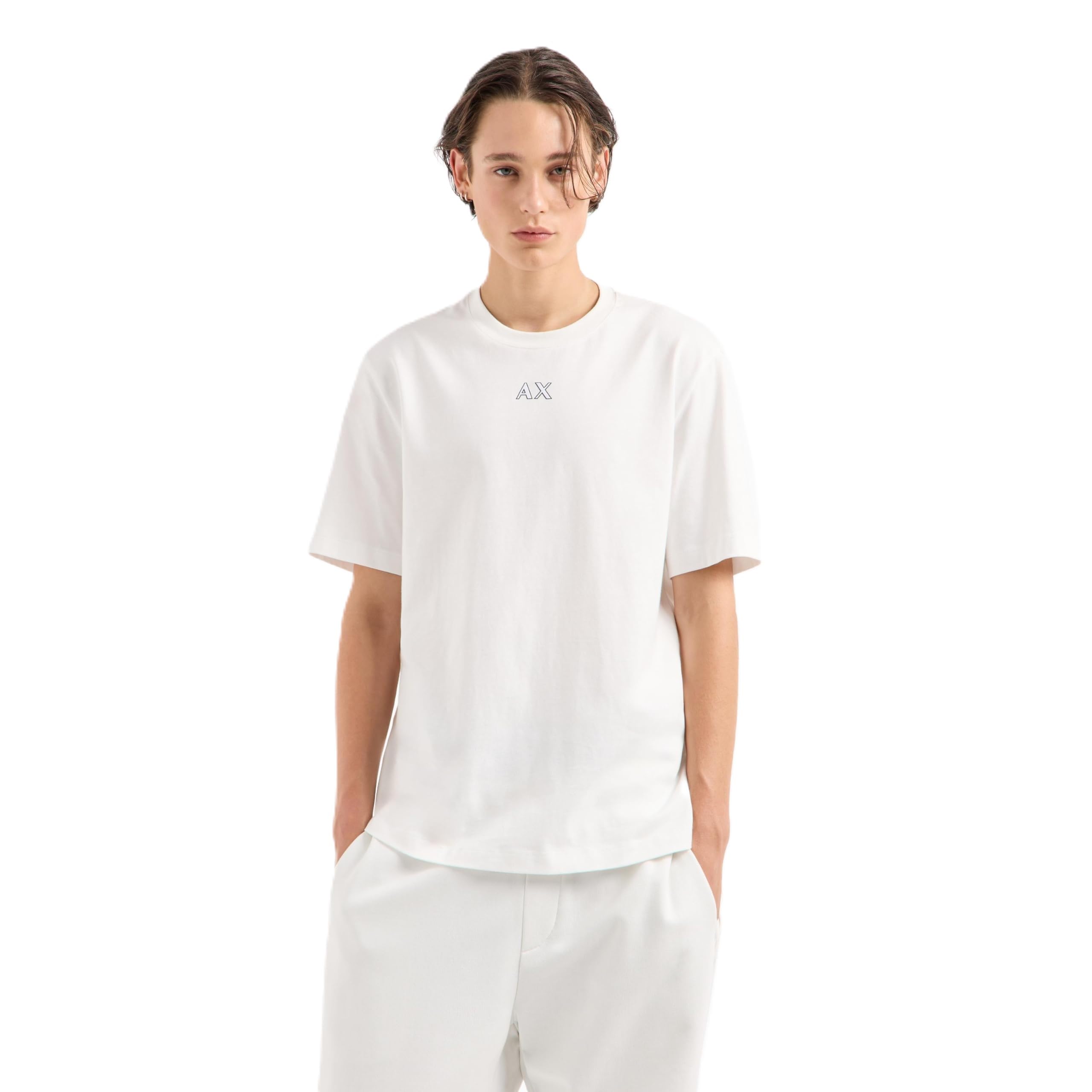 Armani Exchange Men's Small Embroidered Logo Regular Fit Tee T-Shirt, Off White, S