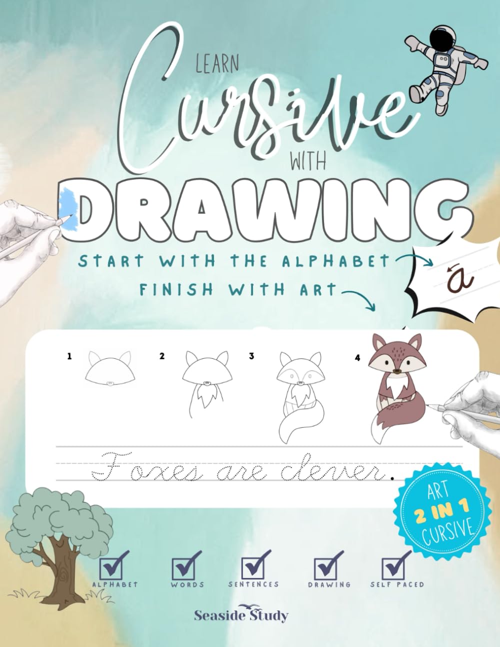 Learn Cursive with Drawing: Alphabet and Word Tracing Practice for Elementary Kids, Sketch Lettering Cursive and Penmanship Writing Drills Workbook